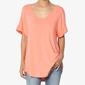 Luxe Rayon V-Neck Rolled Cuffed Short Sleeve Dolphin Hem Top T-shirt - Coral